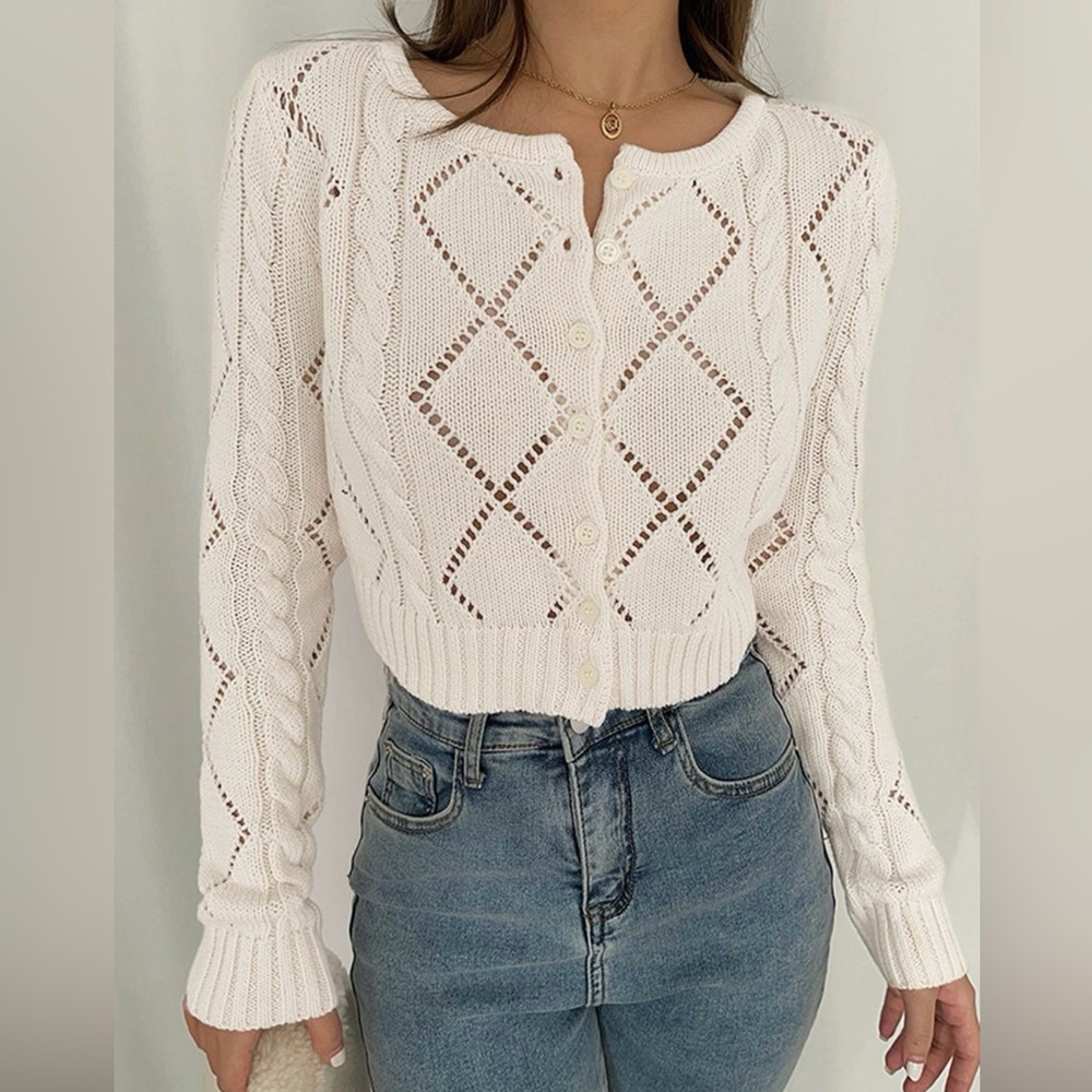 Commense Diamonds Eyelet Buttom Up Knit Top Cardigan